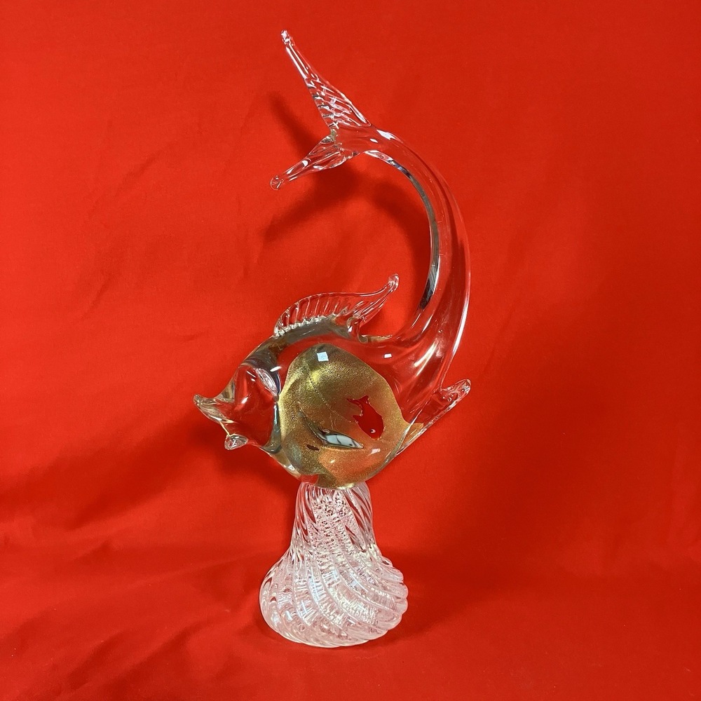Vtg 1960s Murano Handblown Glass Fish Sculpture - Barbini Style w/ Gold Specks